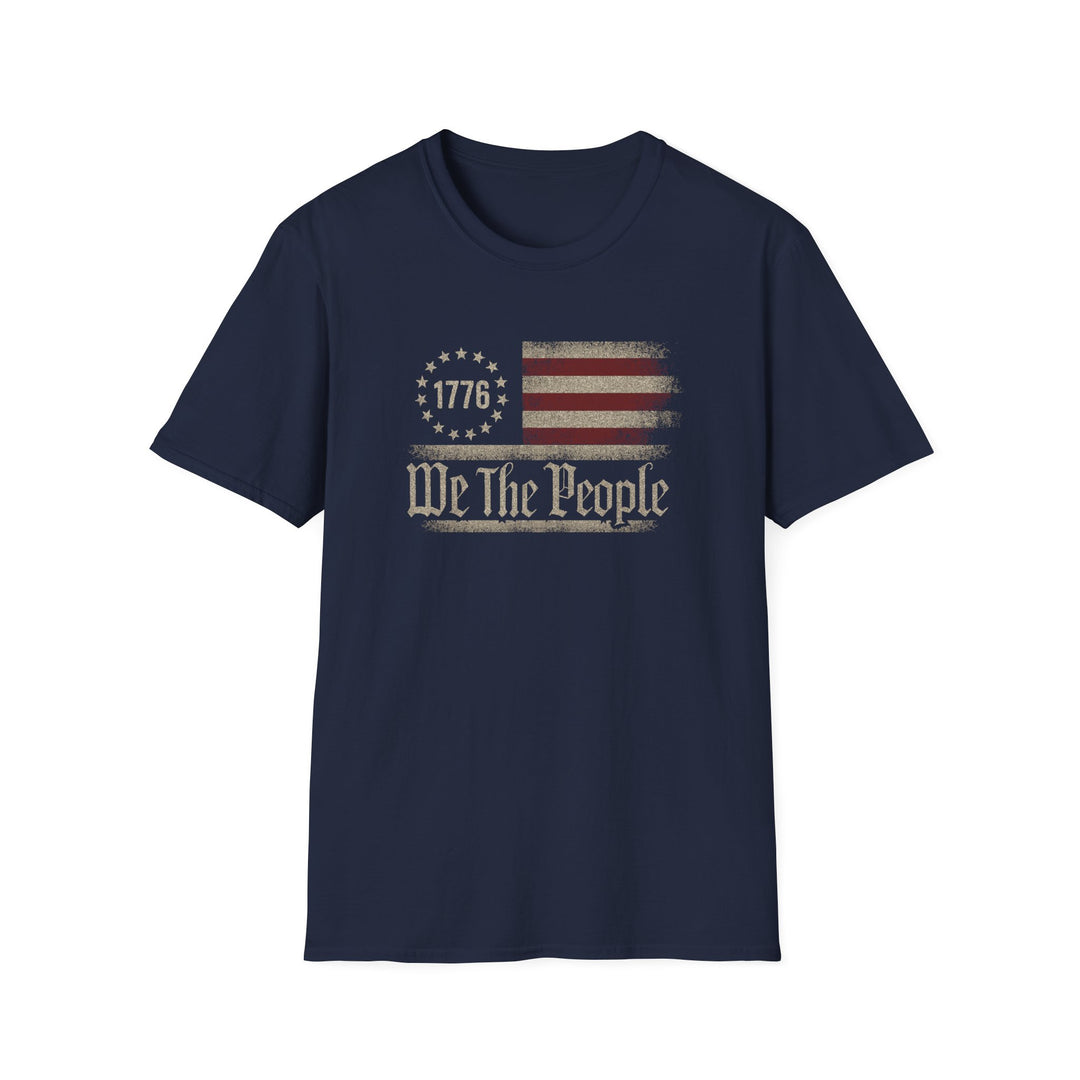 Navy unisex t-shirt with a distressed vintage Betsy Ross flag and old-style blackletter text reading We The People with 1776 in the star circle