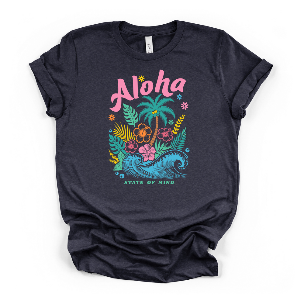 Navy women's t-shirt with colorful tropical hibiscus palm tree and ocean wave graphic and text reading Aloha State of Mind