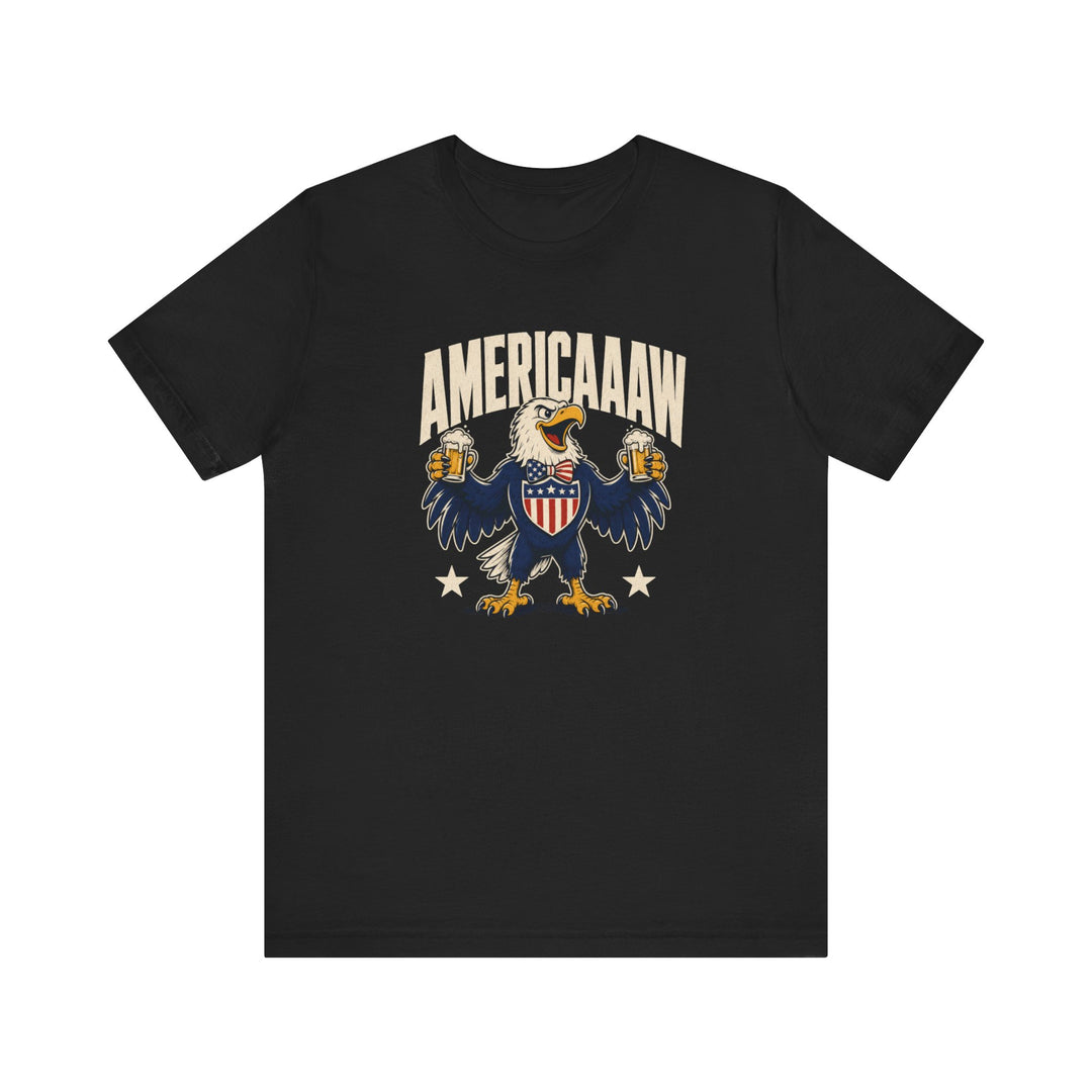 Black t-shirt with patriotic bald eagle in American flag suit holding two beer mugs and text reading Americaaaw