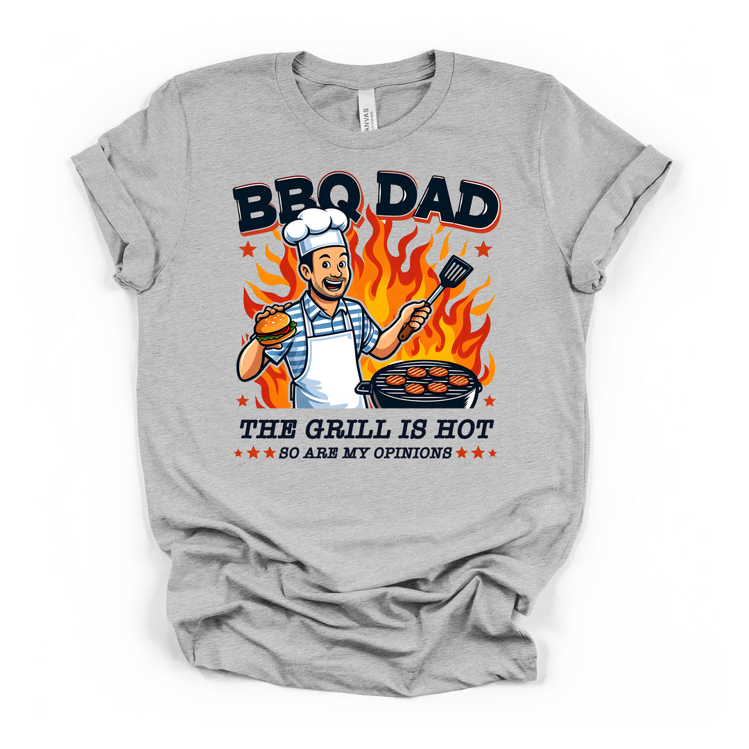 BBQ Dad The Grill Is Hot funny Father's Day t-shirt in athletic heather with colorful grilling dad graphic and flames