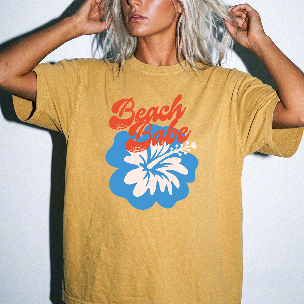 Beach babe hibiscus retro women's summer shirt in mustard