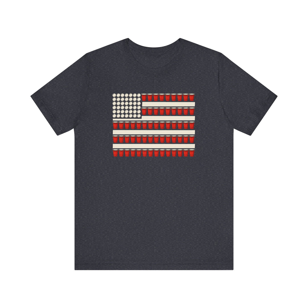 Dark navy t-shirt with American flag design made of red solo cups and ping pong balls