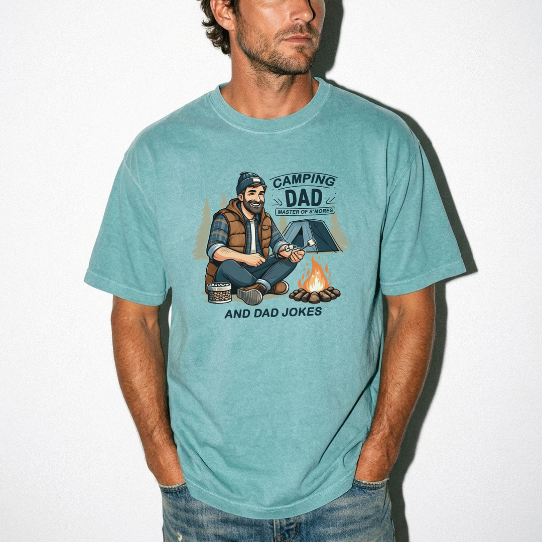 Camping dad master of s'mores and dad jokes shirt in seafoam