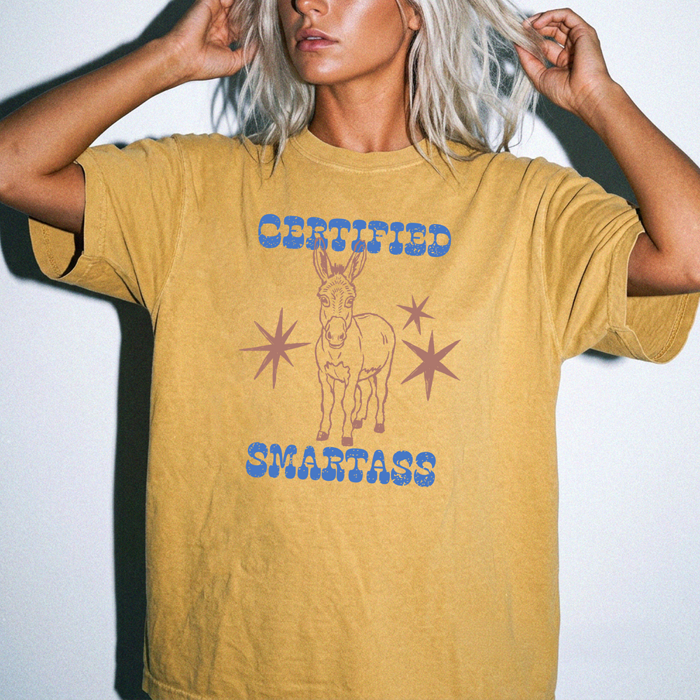 Certified smartass retro donkey funny women's shirt in mustard