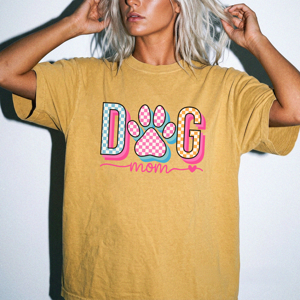 Checkered dog mom retro paw print women's shirt in mustard