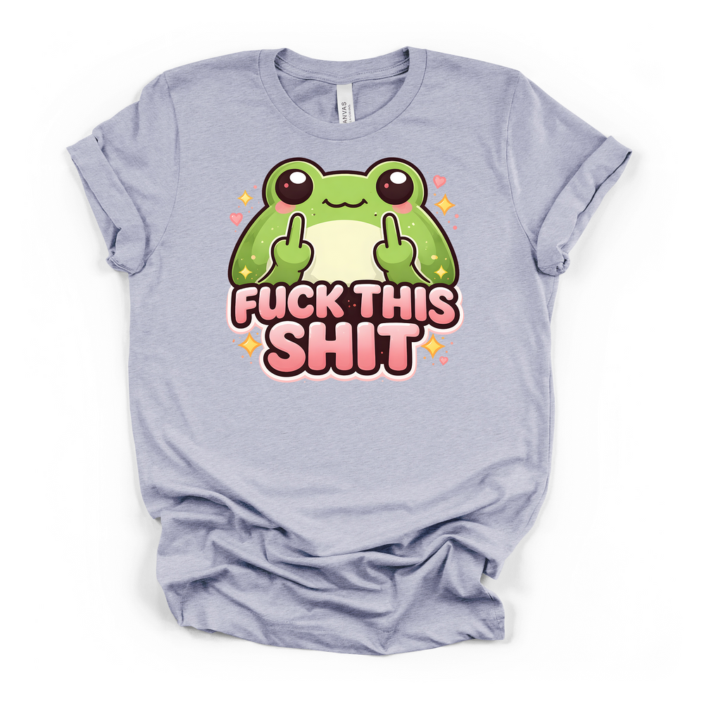 Cute kawaii frog middle finger sarcastic graphic t-shirt in heather blue with pink lettering, sparkles, and hearts
