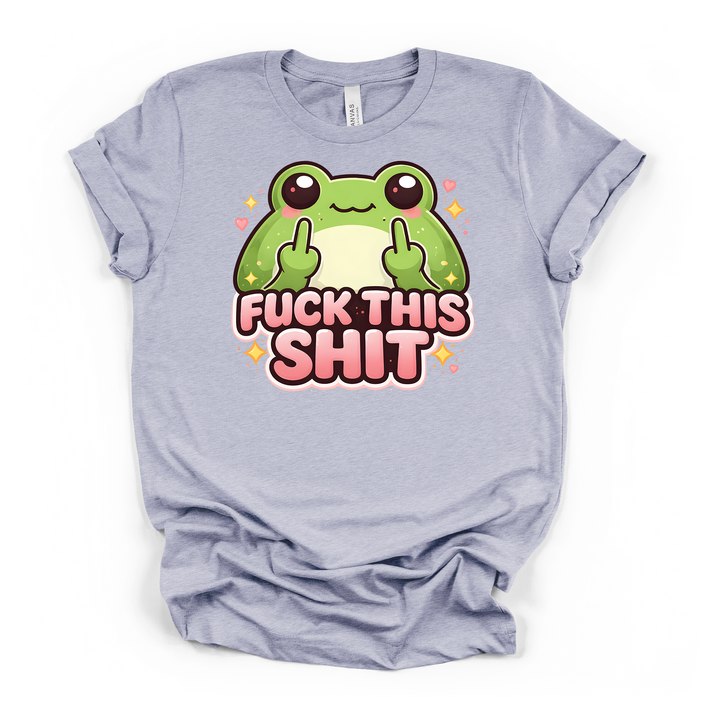 Cute kawaii frog middle finger sarcastic graphic t-shirt in heather blue with pink lettering, sparkles, and hearts