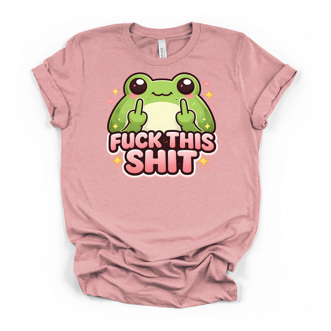 Cute kawaii frog middle finger sarcastic graphic t-shirt in heather pink with pink lettering, sparkles, and hearts