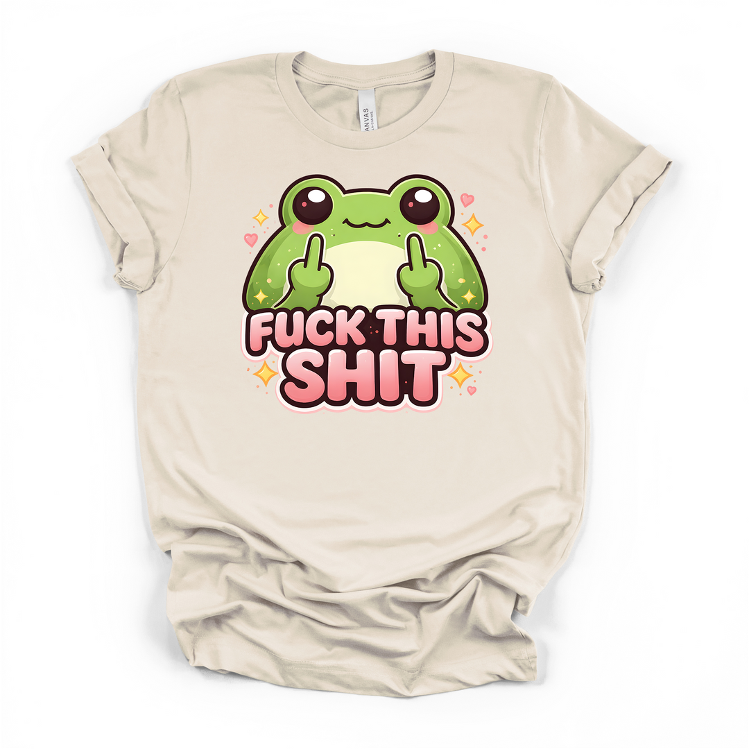 Cute kawaii frog middle finger sarcastic graphic t-shirt in natural with pink lettering, sparkles, and hearts