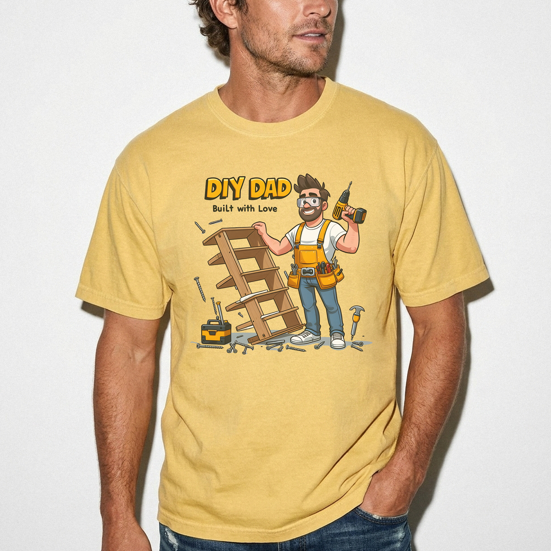 DIY dad built with love funny dad shirt in mustard