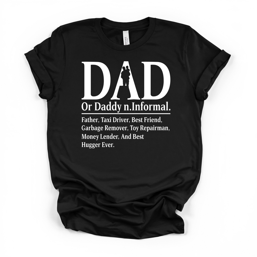 Dad Definition funny Father's Day t-shirt in black with bold white lettering and father-child silhouette graphic