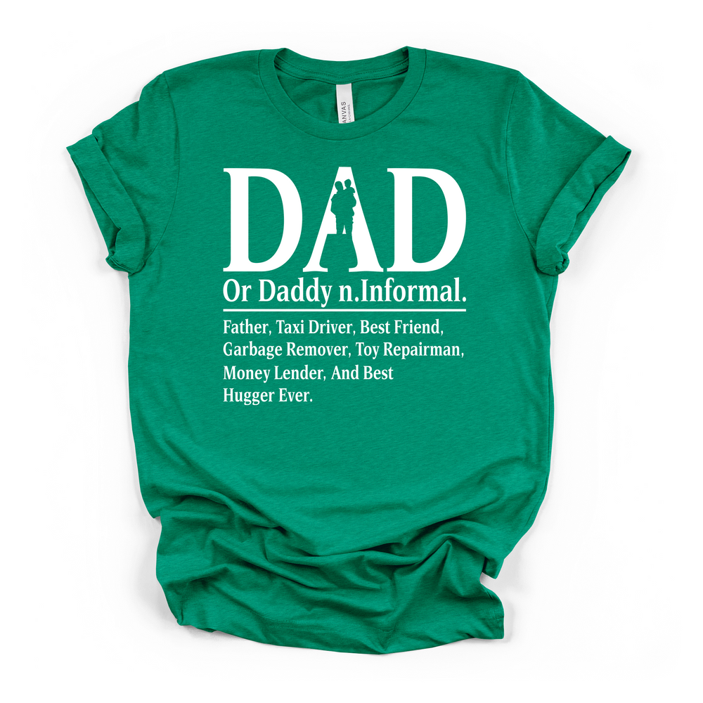 Dad Definition funny Father's Day t-shirt in heather kelly green with bold white lettering and father-child silhouette graphic