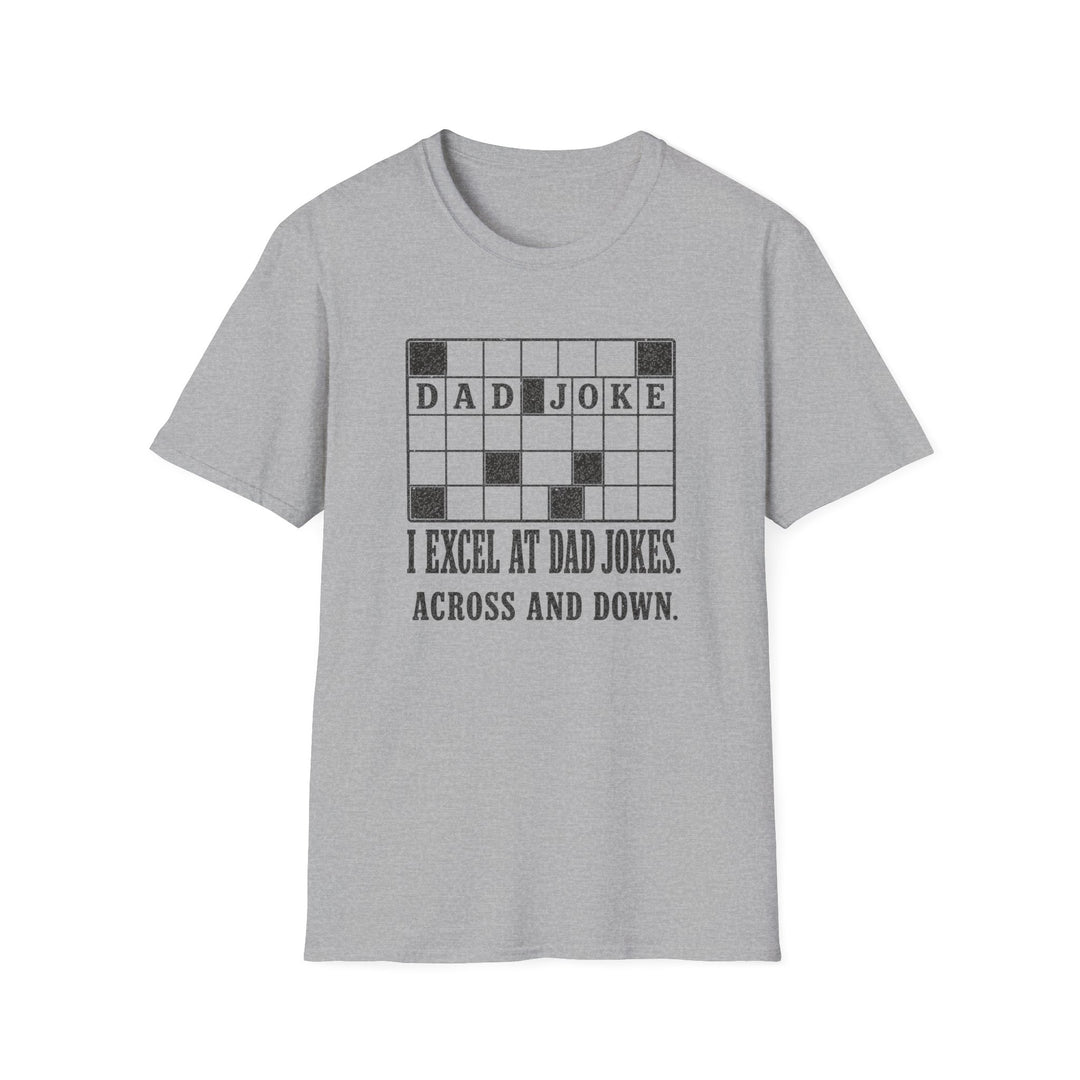 Gray t-shirt featuring a crossword puzzle graphic with dad joke filled in and text reading I excel at dad jokes across and down