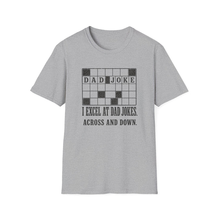 Gray t-shirt featuring a crossword puzzle graphic with dad joke filled in and text reading I excel at dad jokes across and down