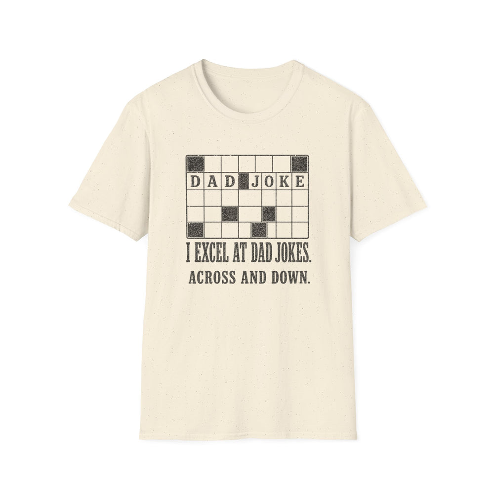 Natural cream t-shirt featuring a crossword puzzle graphic with dad joke filled in and text reading I excel at dad jokes across and down