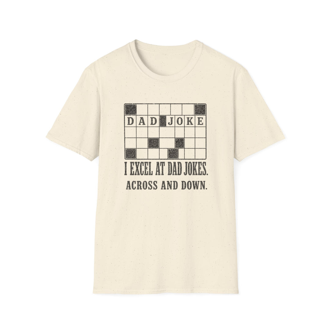 Natural cream t-shirt featuring a crossword puzzle graphic with dad joke filled in and text reading I excel at dad jokes across and down