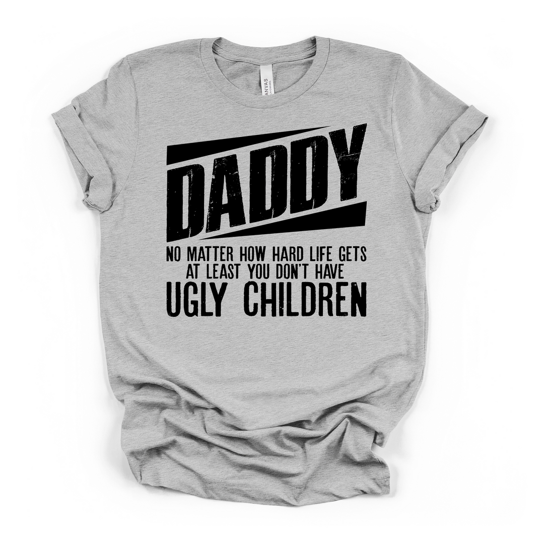 Daddy No Ugly Children funny dad t-shirt in athletic heather with bold distressed black typographic print