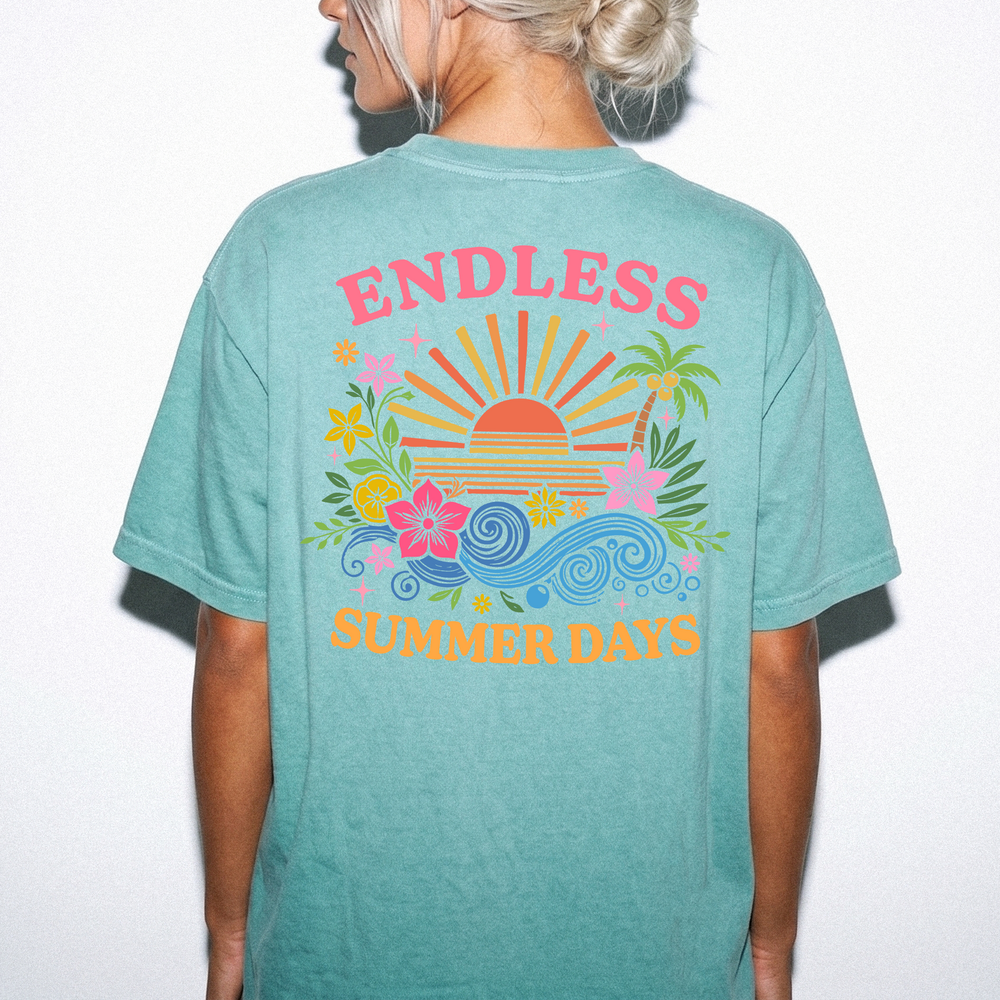Endless summer days tropical floral back print women's shirt in seafoam