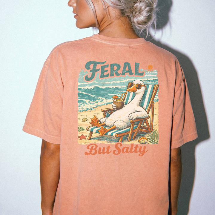 Feral but salty funny retro beach duck back print shirt in terracotta