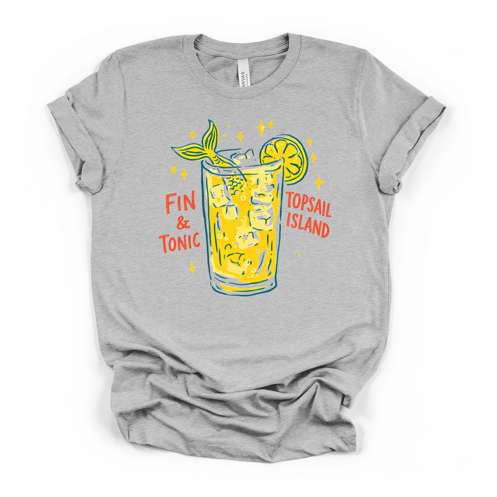 Fin and Tonic Topsail Island beach cocktail graphic t-shirt in athletic heather with mermaid tail, lemon garnish, and yellow sparkles