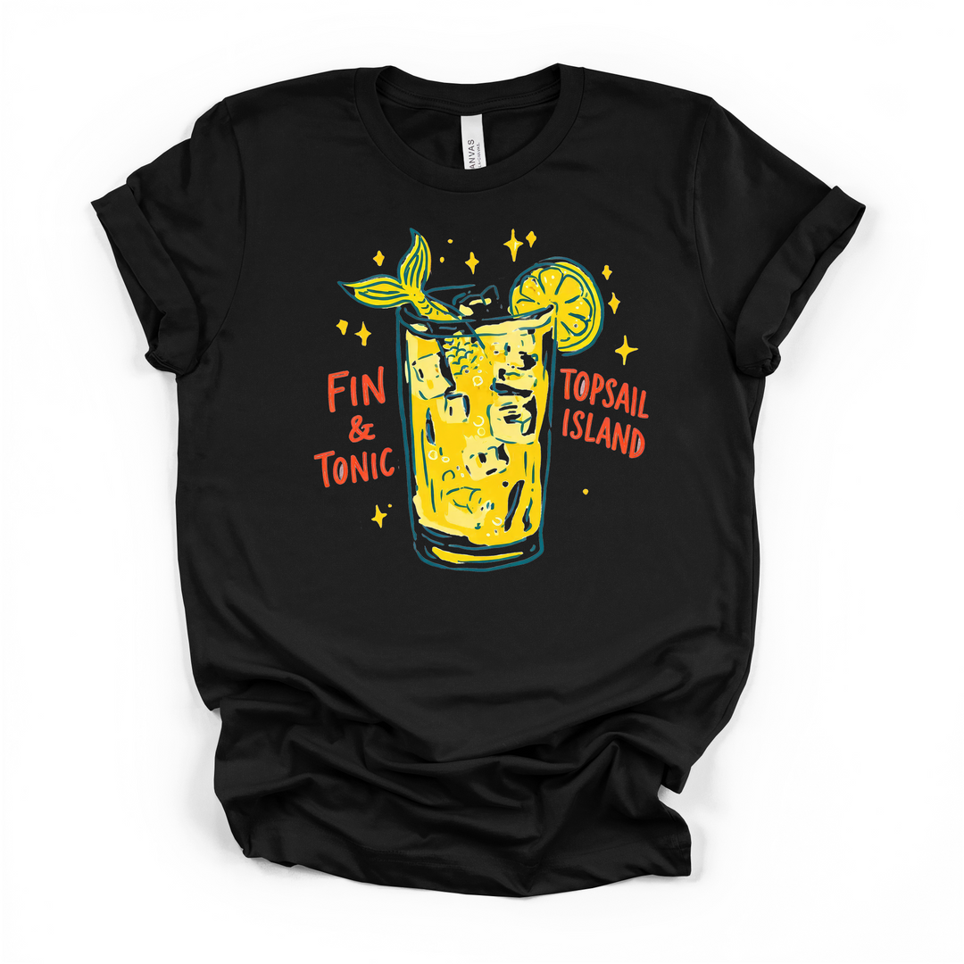 Fin and Tonic Topsail Island beach cocktail graphic t-shirt in black with mermaid tail, lemon garnish, and yellow sparkles