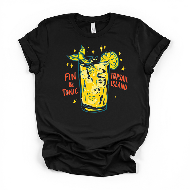 Fin and Tonic Topsail Island beach cocktail graphic t-shirt in black with mermaid tail, lemon garnish, and yellow sparkles