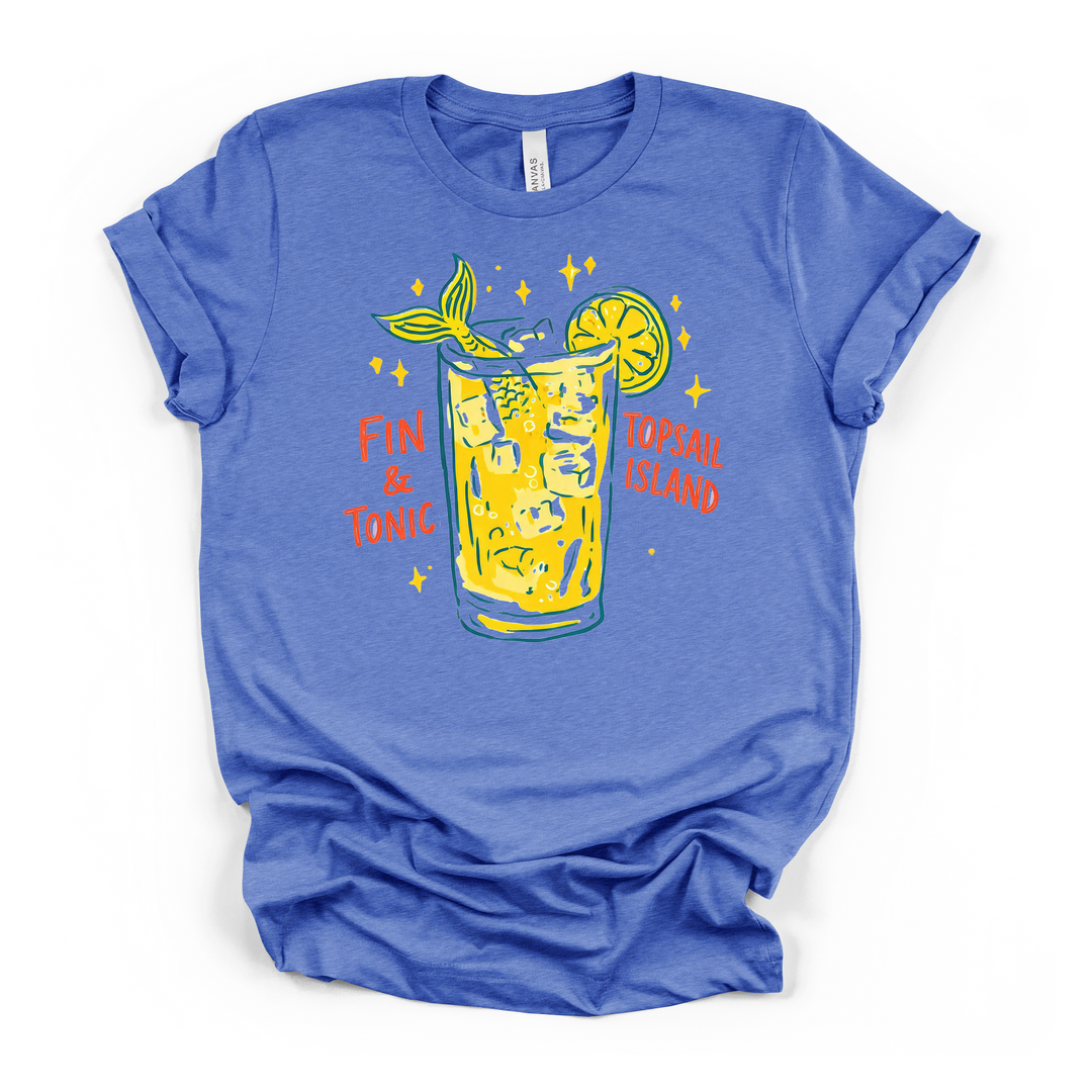 Fin and Tonic Topsail Island beach cocktail graphic t-shirt in heather columbia blue with mermaid tail, lemon garnish, and yellow sparkles