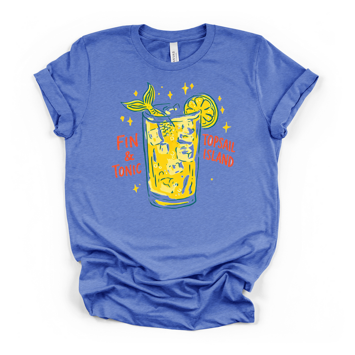 Fin and Tonic Topsail Island beach cocktail graphic t-shirt in heather columbia blue with mermaid tail, lemon garnish, and yellow sparkles