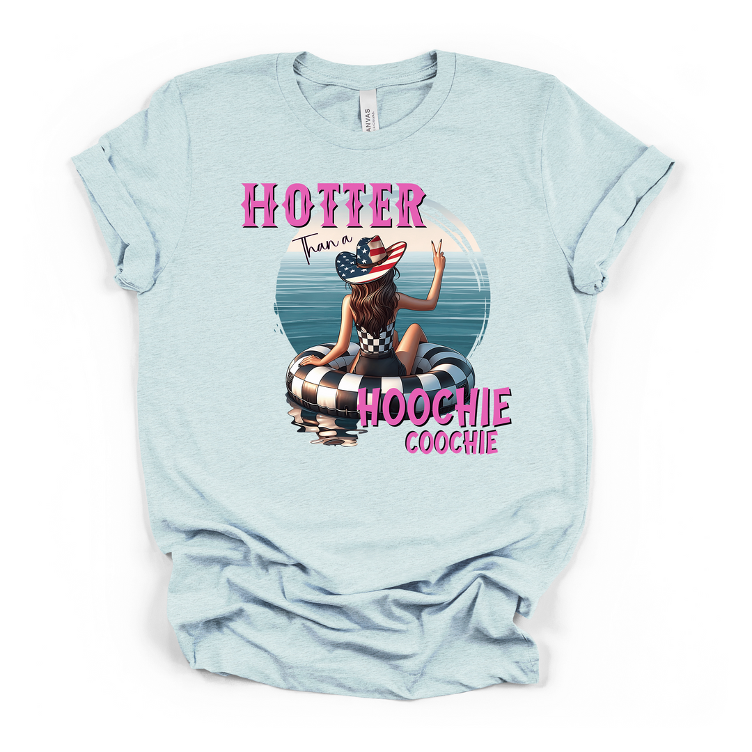 Hotter Than a Hoochie Coochie funny summer graphic t-shirt in heather ice blue with retro cowgirl float trip design