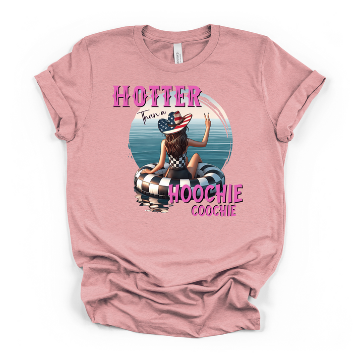 Hotter Than a Hoochie Coochie funny summer graphic t-shirt in heather pink with retro cowgirl float trip design