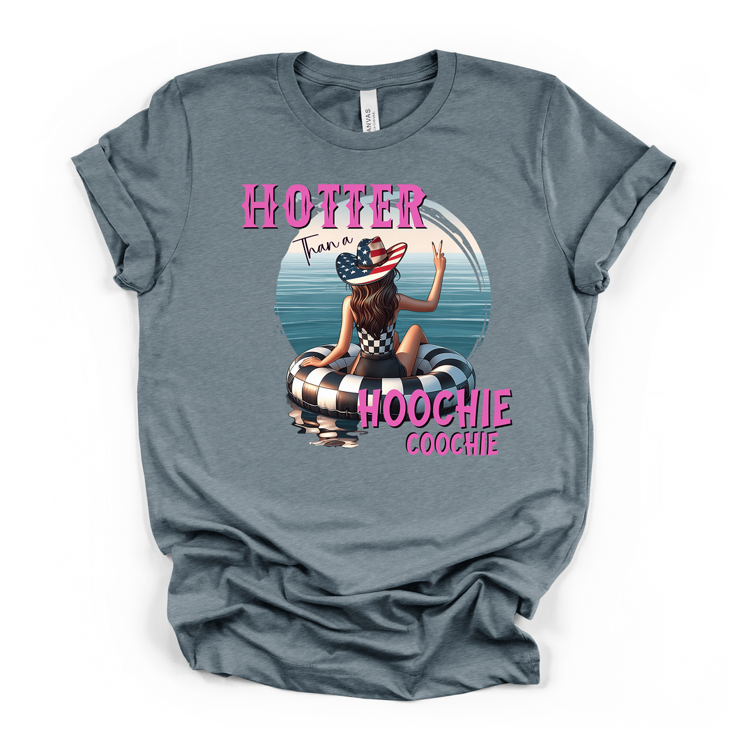 Hotter Than a Hoochie Coochie funny summer graphic t-shirt in heather slate with retro cowgirl float trip design
