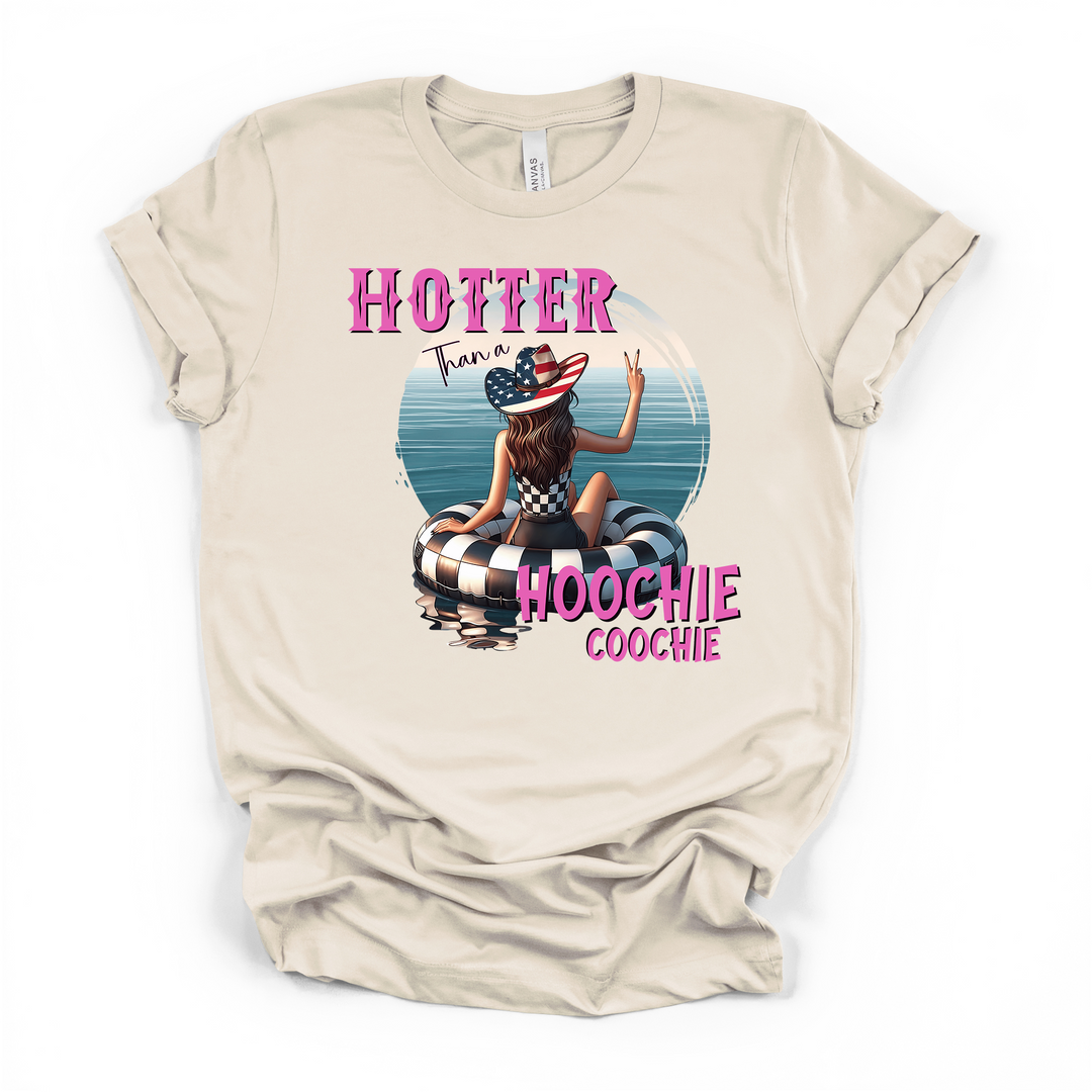 Hotter Than a Hoochie Coochie funny summer graphic t-shirt in natural with retro cowgirl float trip design