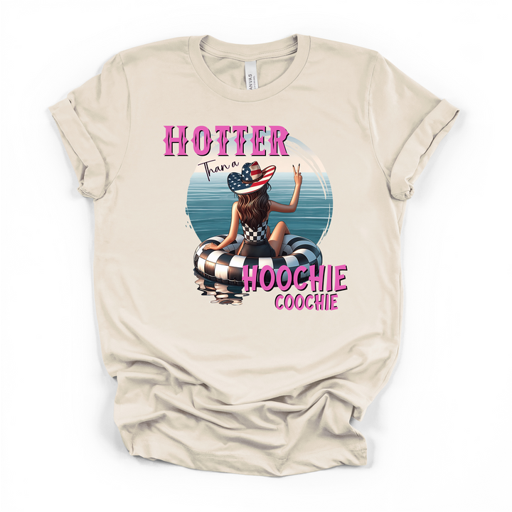 Hotter Than a Hoochie Coochie funny summer graphic t-shirt in natural with retro cowgirl float trip design