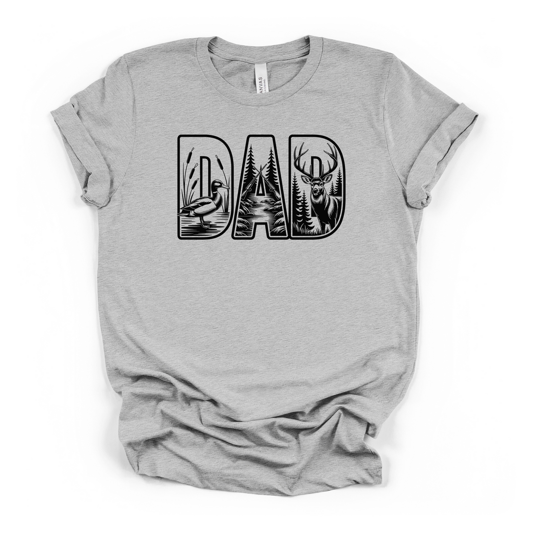 Hunter Dad wildlife graphic t-shirt in athletic heather with bold DAD lettering filled with deer, duck, and forest hunting scenes in black ink