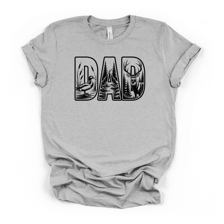 Hunter Dad wildlife graphic t-shirt in athletic heather with bold DAD lettering filled with deer, duck, and forest hunting scenes in black ink