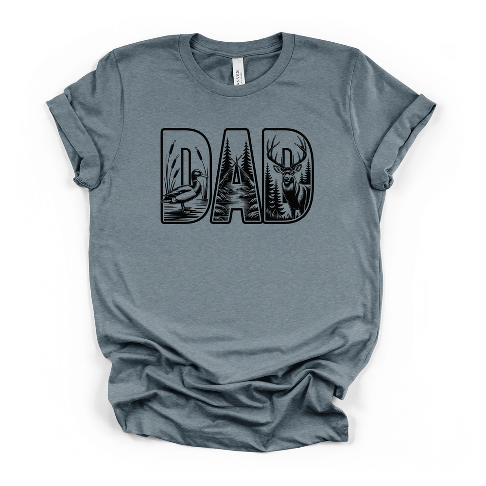 Hunter Dad wildlife graphic t-shirt in heather slate with bold DAD lettering filled with deer, duck, and forest hunting scenes in black ink