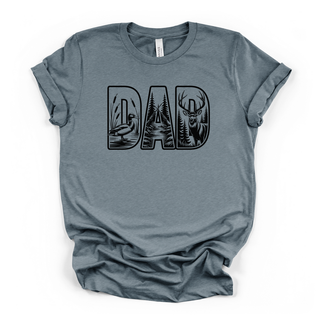 Hunter Dad wildlife graphic t-shirt in heather slate with bold DAD lettering filled with deer, duck, and forest hunting scenes in black ink
