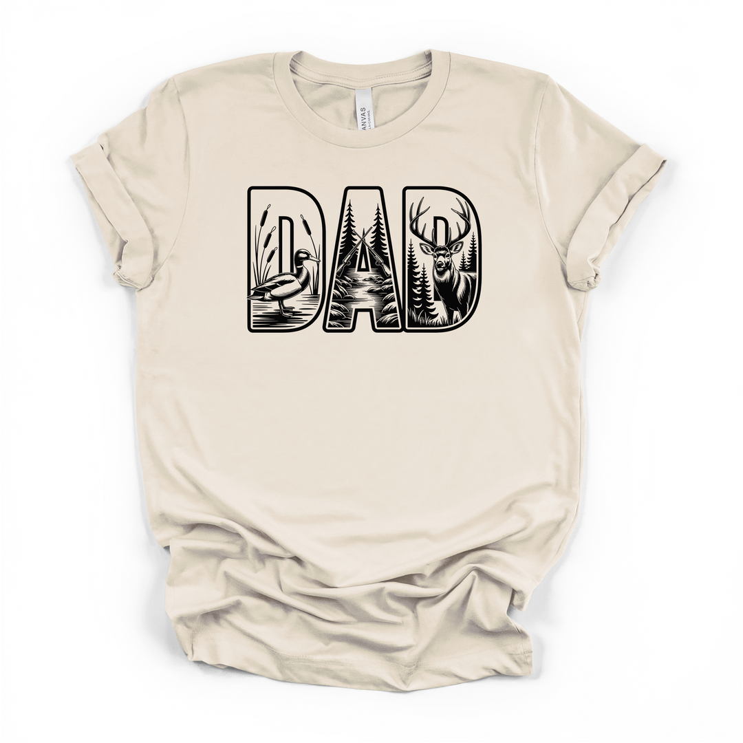Hunter Dad wildlife graphic t-shirt in natural with bold DAD lettering filled with deer, duck, and forest hunting scenes in black ink