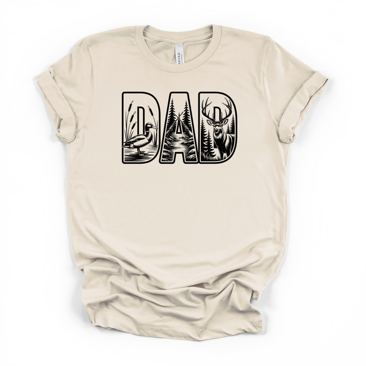 Hunter Dad wildlife graphic t-shirt in natural with bold DAD lettering filled with deer, duck, and forest hunting scenes in black ink