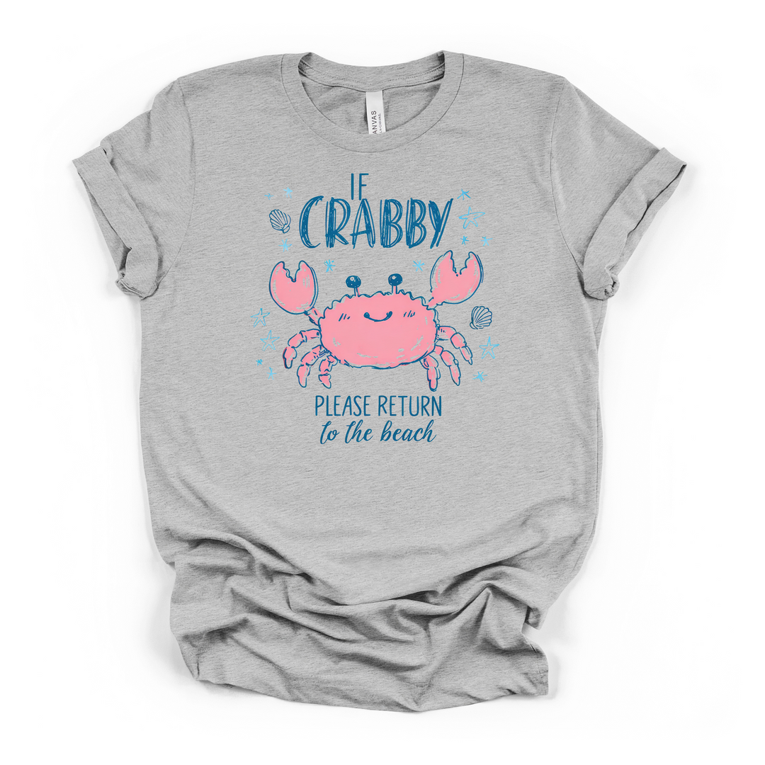 Athletic heather t-shirt featuring an adorable pink crab with starfish and shells and If Crabby Please Return to the Beach printed in blue on the front