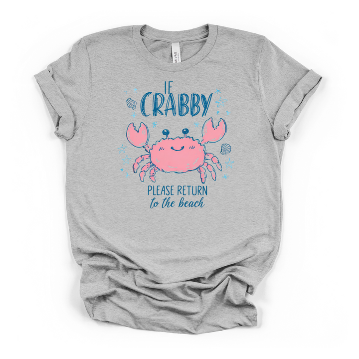 Athletic heather t-shirt featuring an adorable pink crab with starfish and shells and If Crabby Please Return to the Beach printed in blue on the front