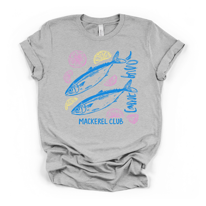 Athletic heather t-shirt featuring two illustrated blue mackerel fish with pink and yellow lemon doodles and Mackerel Club text printed on the front