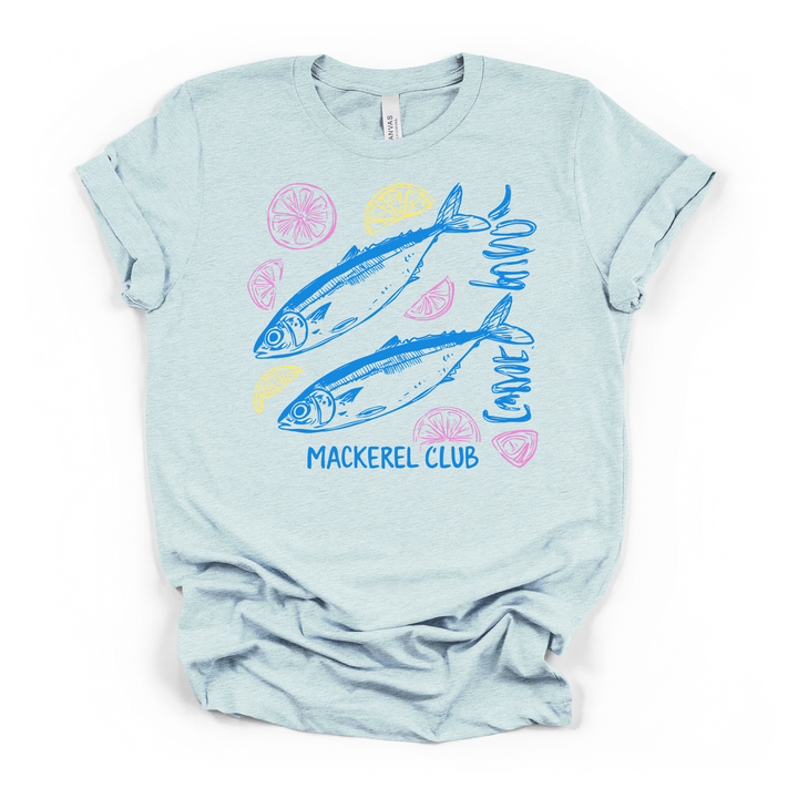Heather ice blue t-shirt with a doodle-style illustration of two blue mackerel fish and pink and yellow lemon slices with Mackerel Club printed in blue below