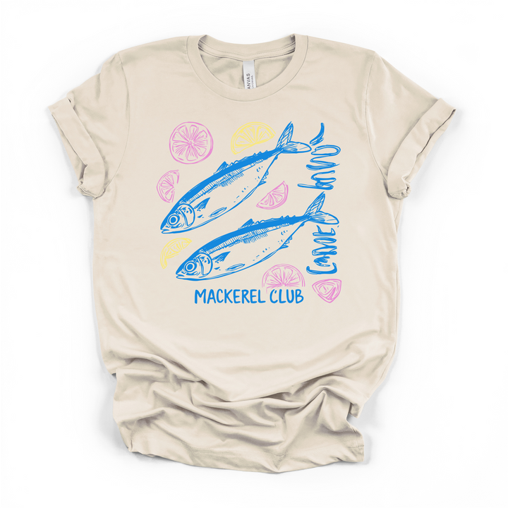 Natural cream t-shirt with a hand-drawn blue mackerel fish illustration surrounded by pink and yellow lemon slice doodles and Mackerel Club printed below