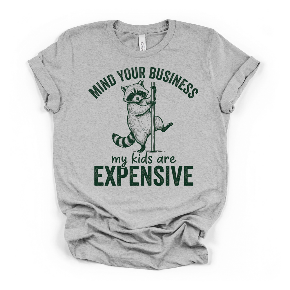 Athletic heather t-shirt with a funny raccoon pole graphic and Mind Your Business My Kids Are Expensive printed in dark green on the front