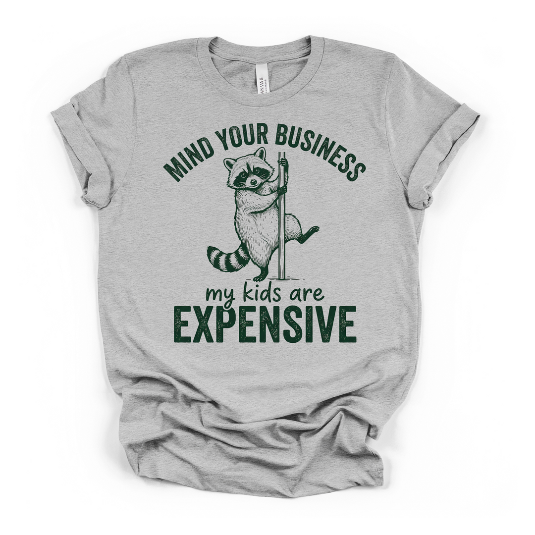 Athletic heather t-shirt with a funny raccoon pole graphic and Mind Your Business My Kids Are Expensive printed in dark green on the front