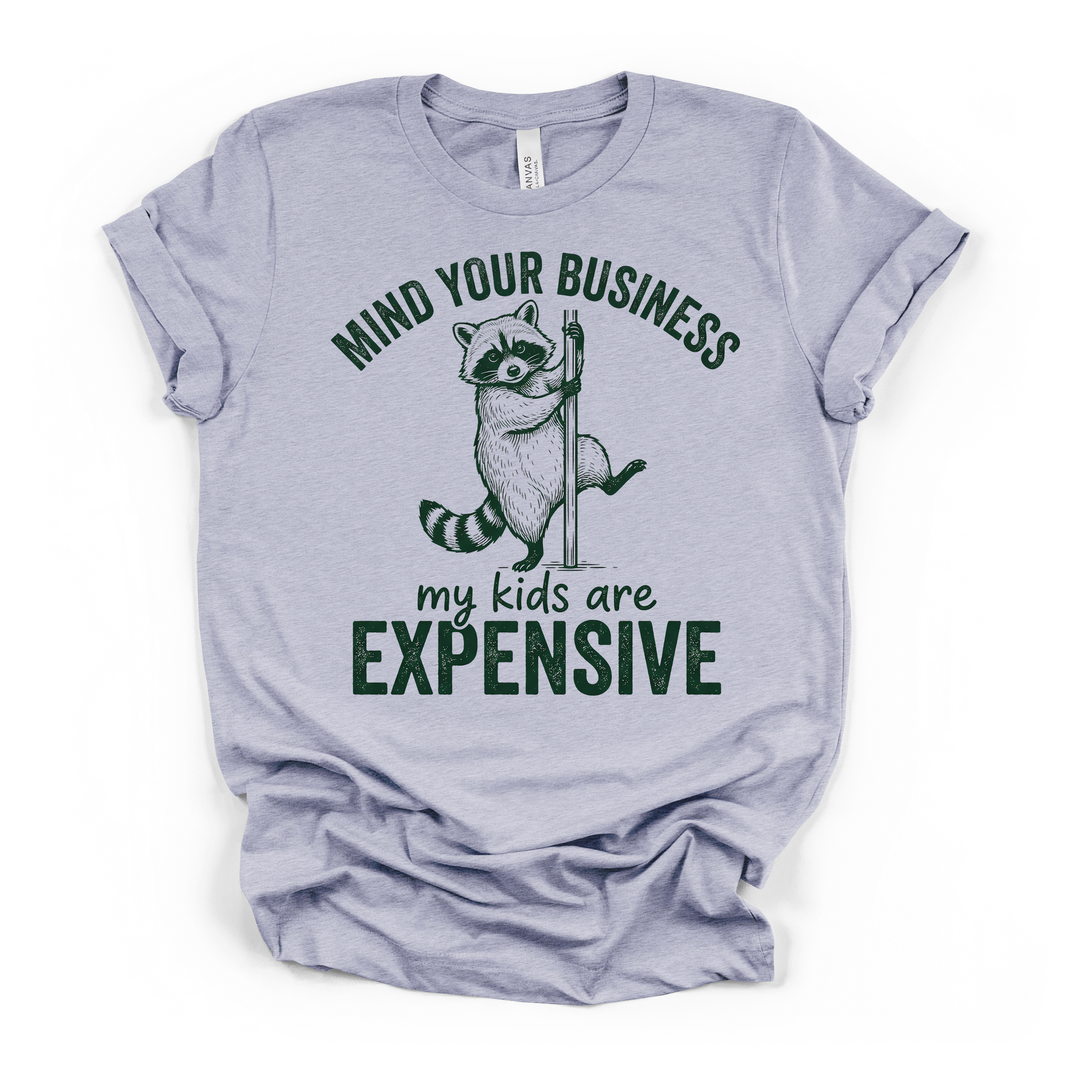 Heather blue t-shirt with a cheeky raccoon holding a pole and Mind Your Business My Kids Are Expensive text printed on the front