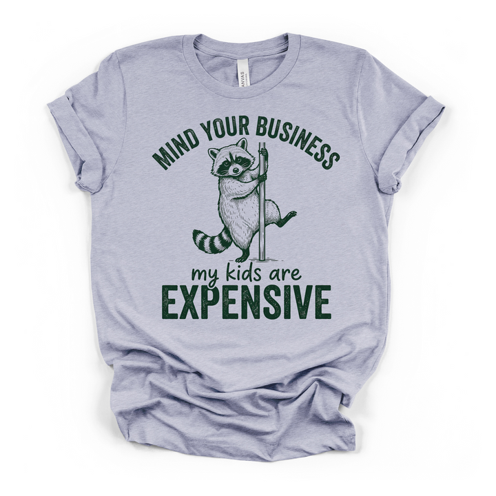 Heather blue t-shirt with a cheeky raccoon holding a pole and Mind Your Business My Kids Are Expensive text printed on the front
