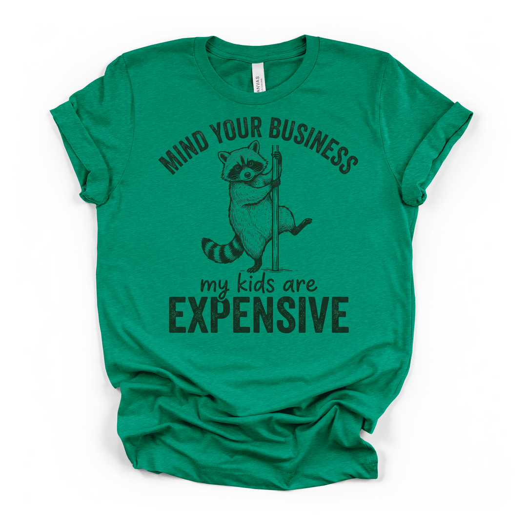 Heather kelly green t-shirt featuring a raccoon on a pole and Mind Your Business My Kids Are Expensive funny mom text on the front
