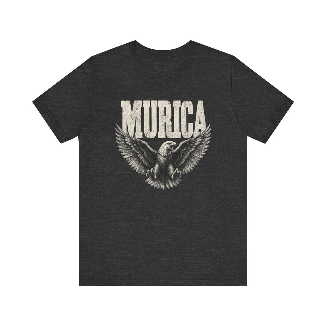 Dark heather t-shirt with vintage distressed soaring bald eagle graphic and bold text reading Murica
